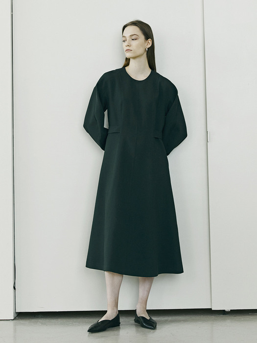 Curved Sleeve Flare Dress - Black