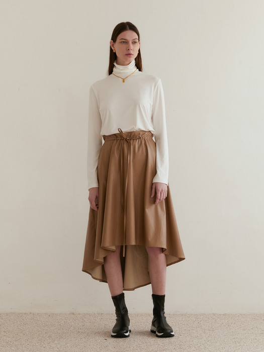 LONG FLARE ARTIFICIAL LEATHER SKIRT - BEIGE