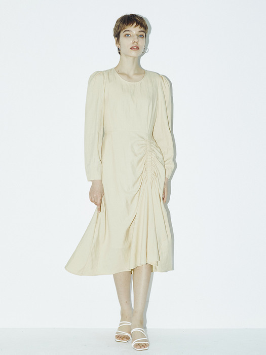 Long Sleeve Shirring Midi Dress - Light Beige