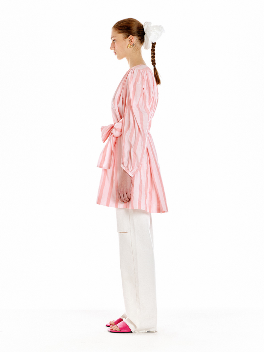 UKIAH Shirred Wrap Dress - Pink Stripe