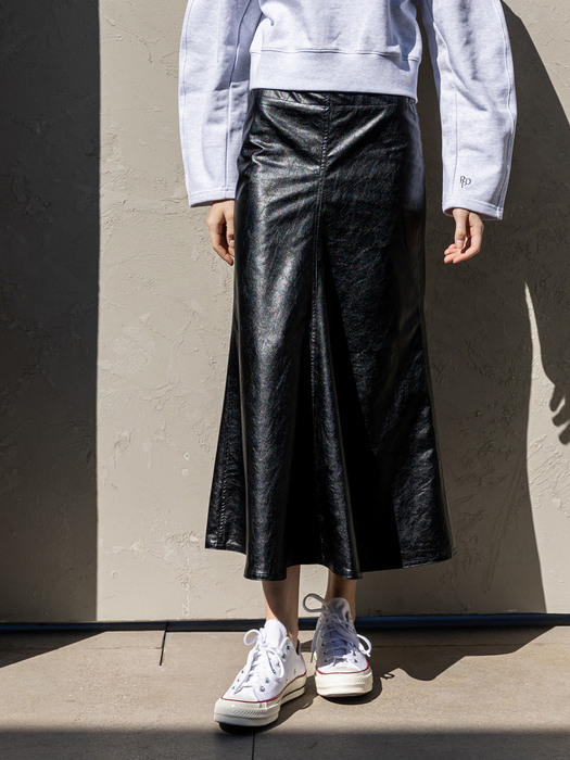 Eco Leather Semi A line Midi Skirt_Black