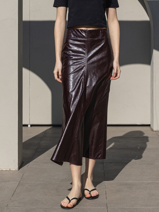 Eco Leather Semi A line Midi Skirt_Black