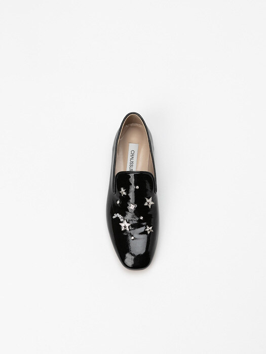 Vedette Embellished Soft Slip-on Loafers in Black Wrinkle Patent