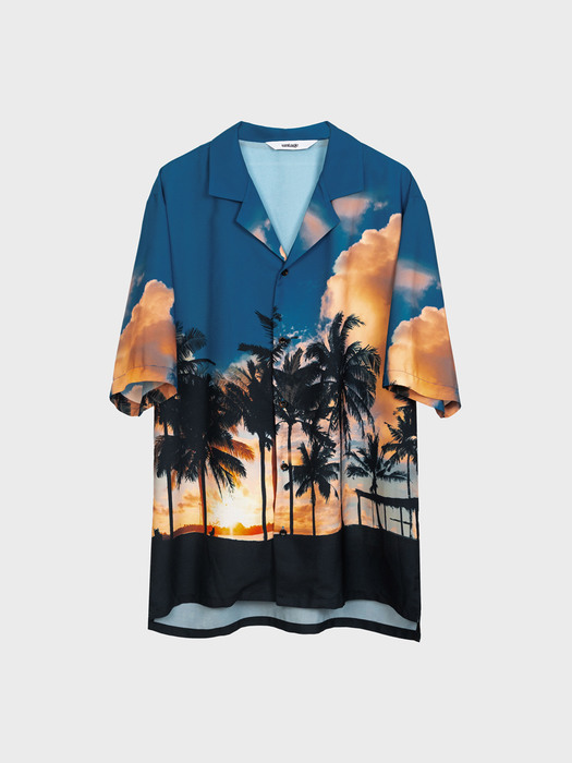 Palmtree Printed Bowling Shirts[Blue(UNISEX)]_UTS-SS01