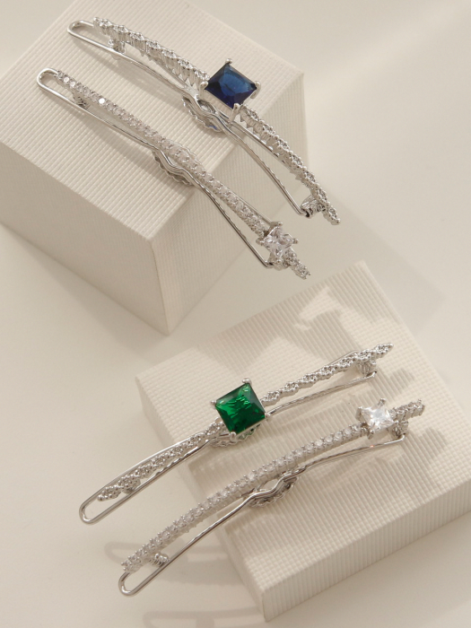 Slim Line Emerald Sapphire Cubic Square Hair Pin Set H0826