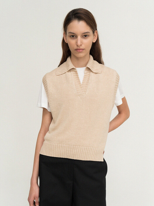 [리퍼브] linen collar knit vest (beige)