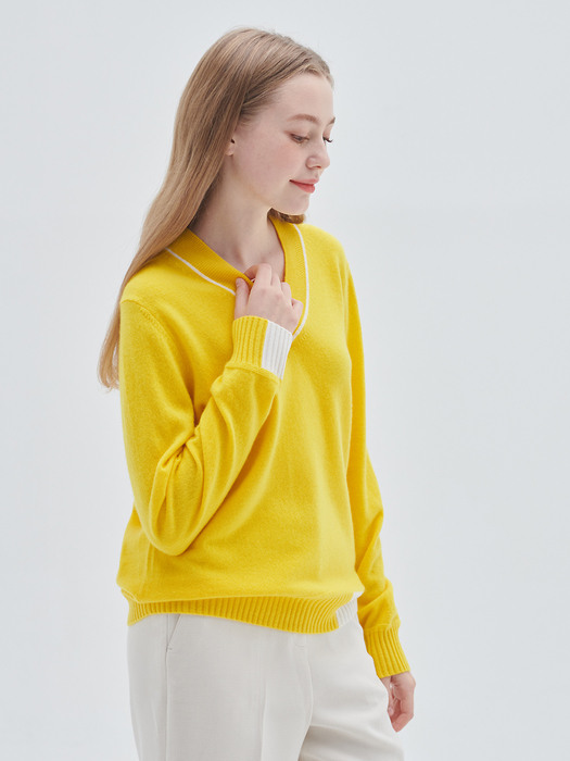 [M23WPU013] V-neck Color point pullover (Yellow)