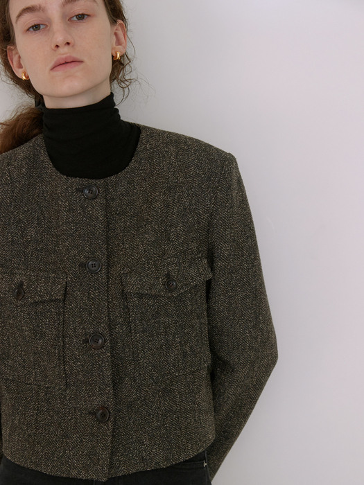 Wool tweed round pocket jacket (BROWN)