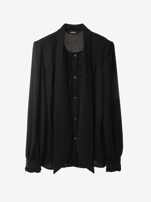 Pussy-Bow Ruffled-Placket Blouse[Black(WOMAN)]_UTS-FS48