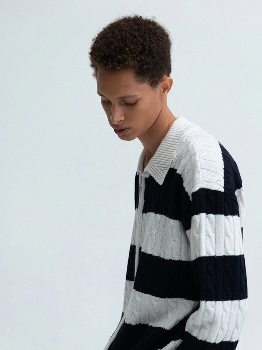 cashmere stripe cable zip-up (ivory/navy)