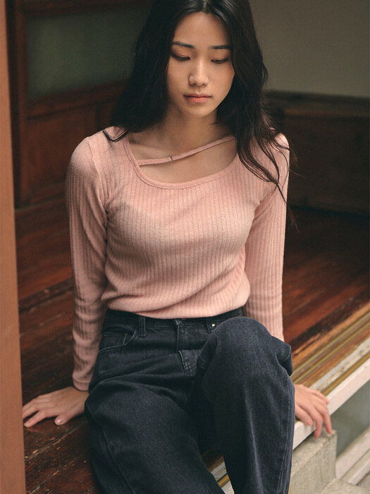 Neck Point Ribbed T-shirt_pink