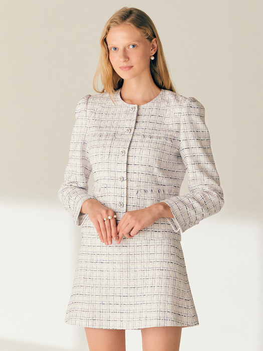 [SET]GRETA Round neck tweed jacket + TEAGAN Tweed mini skirt (Ivory)
