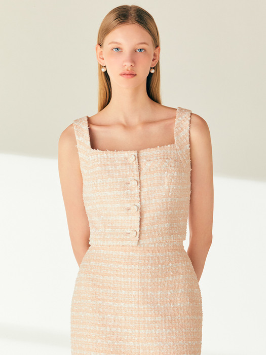 MARTHA Tweed cropped bustier vest (Pale coral pink/Minty blue)