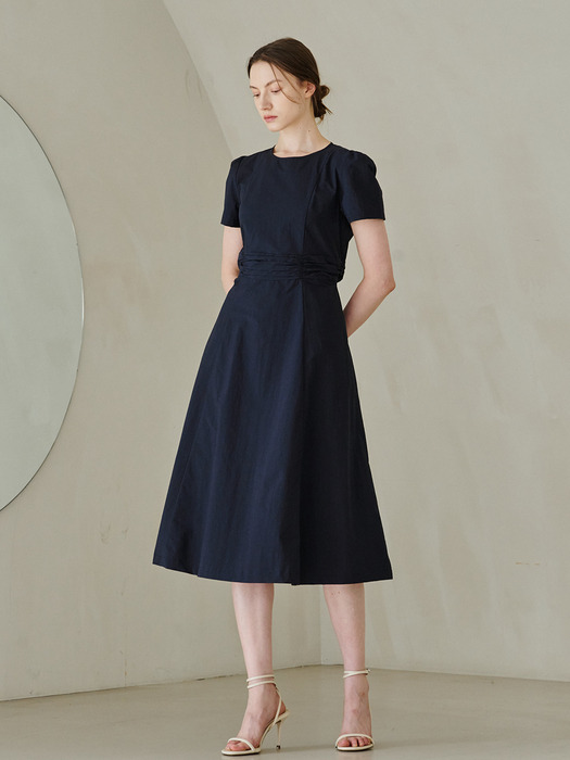 Round Neck Shirring Point Dress - Navy