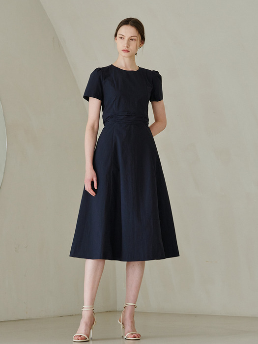 Round Neck Shirring Point Dress - Navy