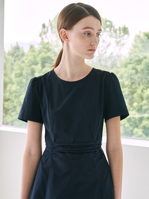 Round Neck Shirring Point Dress - Navy