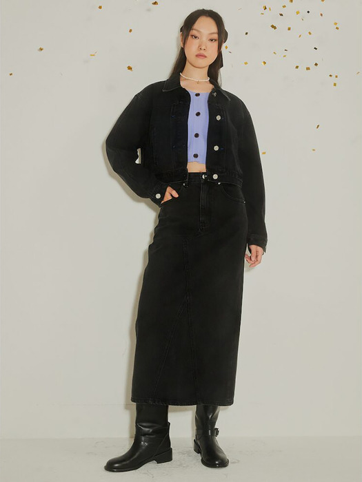 Panelled Denim Long Skirt  Black (KE3827M525)