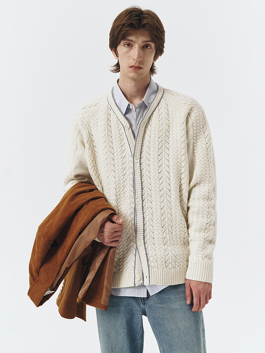 UNISEX LINING CROCHET KNIT CARDIGAN CREAM_M_UDSW3C105CR