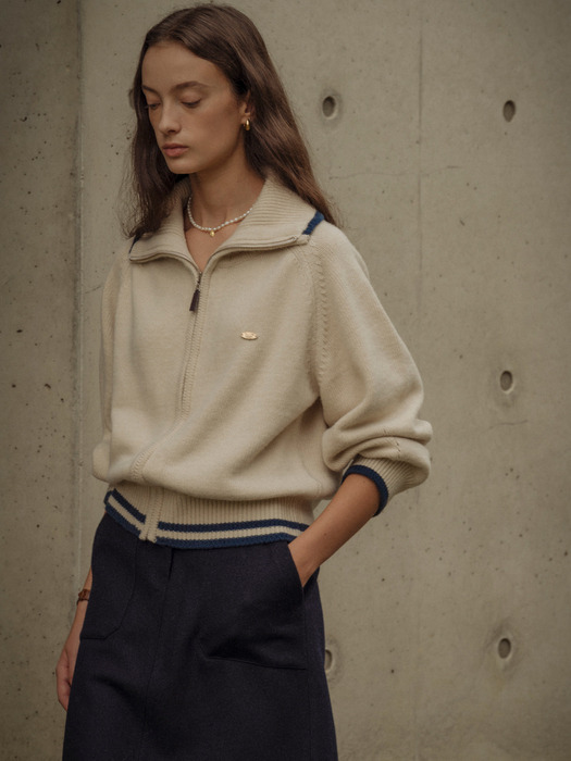 Wide collar wool zip-up knit_Beige