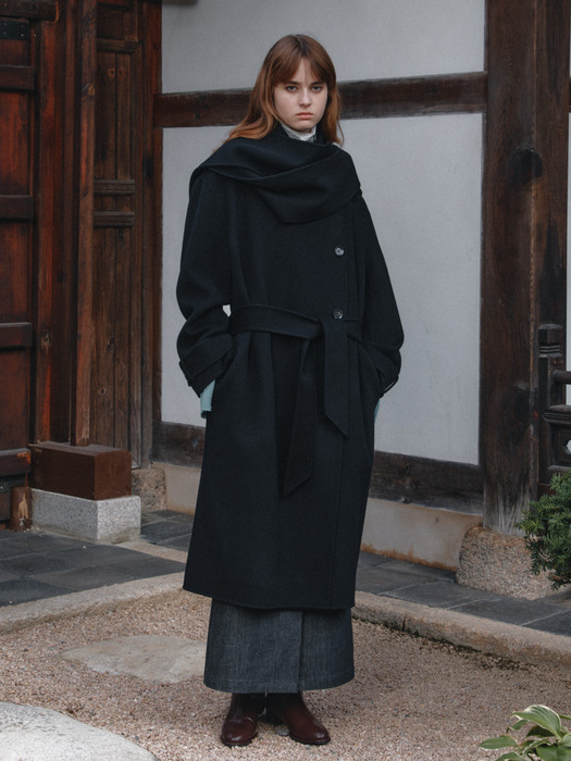 MANIERE Cashmere Blend Handmade Coat with Muffler_Black