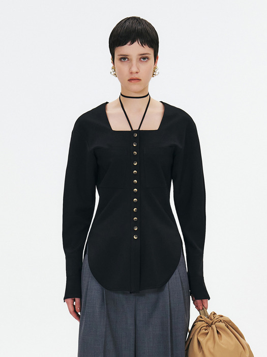 SQUARE-NECK BLOUSE WITH FITTED WAIST AND STRAP TIE - BLACK