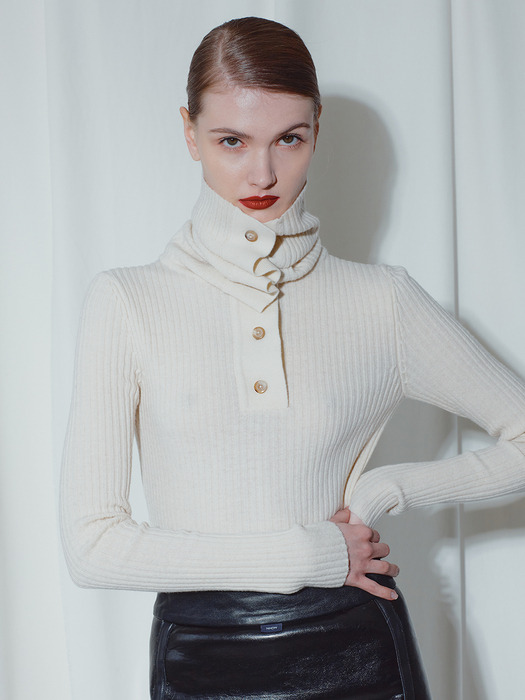 IVORY BUTTON UP RIB KNIT TURTLE NECK