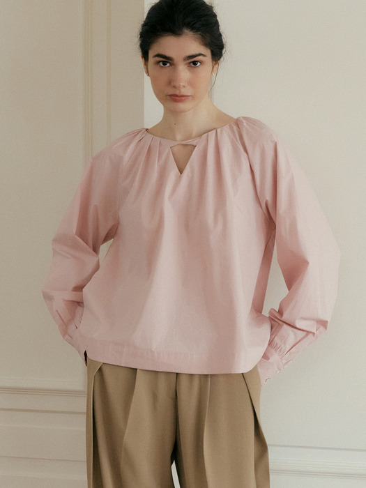 comos 1080 neck twisted shirring volume blouse (rose pink)