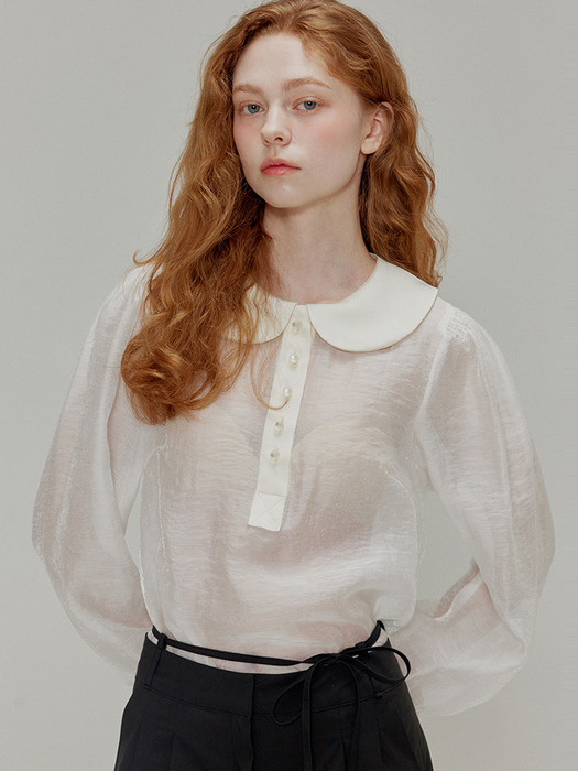 Round collar see-through blouse_Ivory