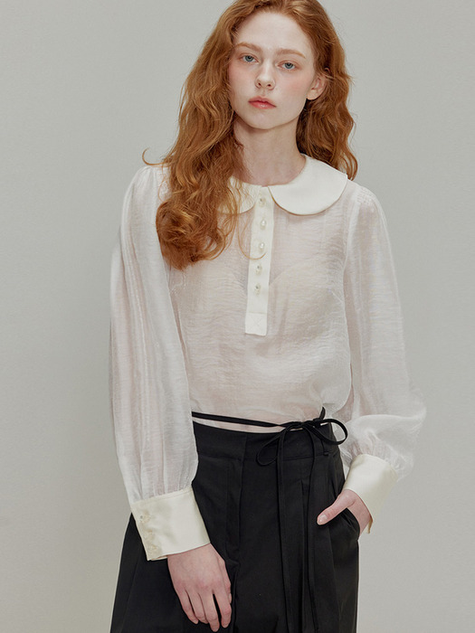 Round collar see-through blouse_Ivory