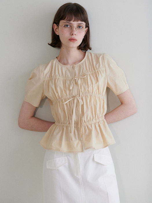 Ribbon Shirring Blouse in Beige VW4MB100-91