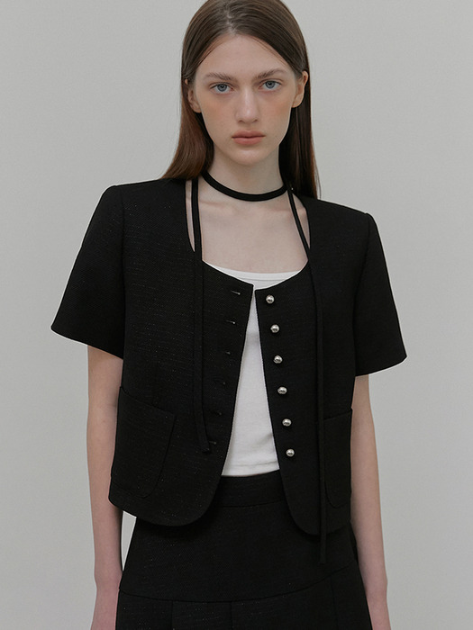 Button Strap Tweed Jacket, Black