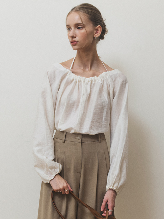 Sheer wool shirring blouse_Ivory