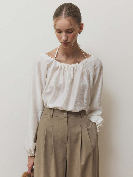 Sheer wool shirring blouse_Ivory