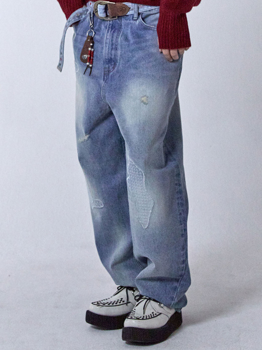 Patchwork Panneled Denim Pants Lightblue