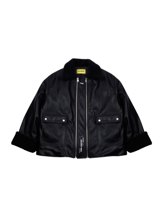 [UNISEX] Faux-Shearling and Leather Coat (Black)