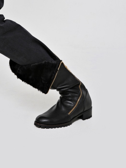 35mm Solide Shearling Curved Zip Long Boots (Black)