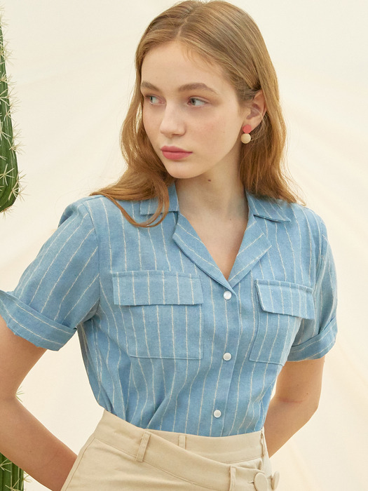 iuw674 striped pocket linen half shirts (lightblue)