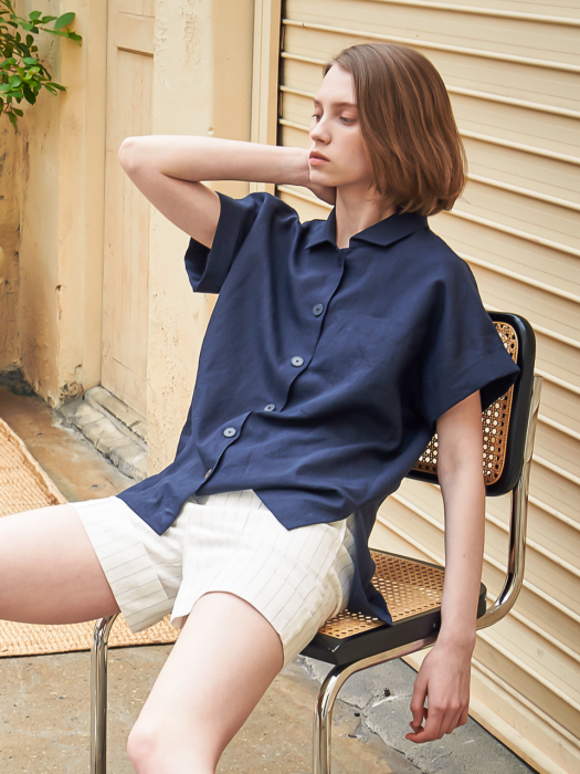 Wide Collar Linen Shirt_Navy