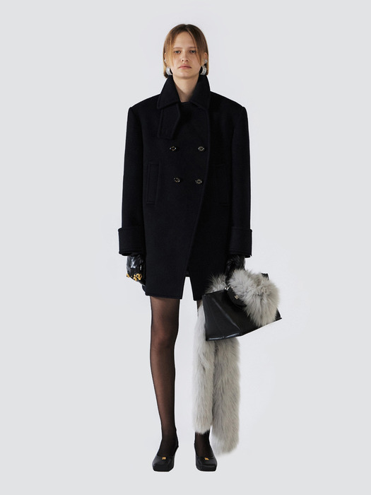 100% WOOL FUNNEL-NECK HALF COAT - DEEP NAVY