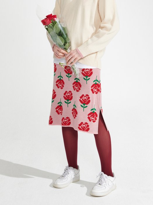 Rose patern Knit Skirt [Pink]