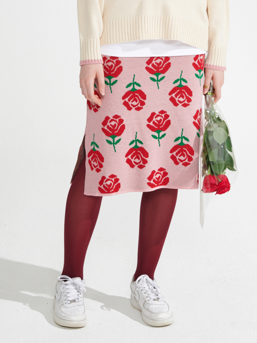 Rose patern Knit Skirt [Pink]