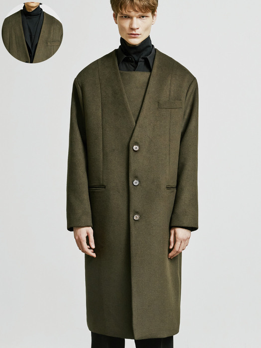 COLLARLESS FRONT COVER COAT KHAKI