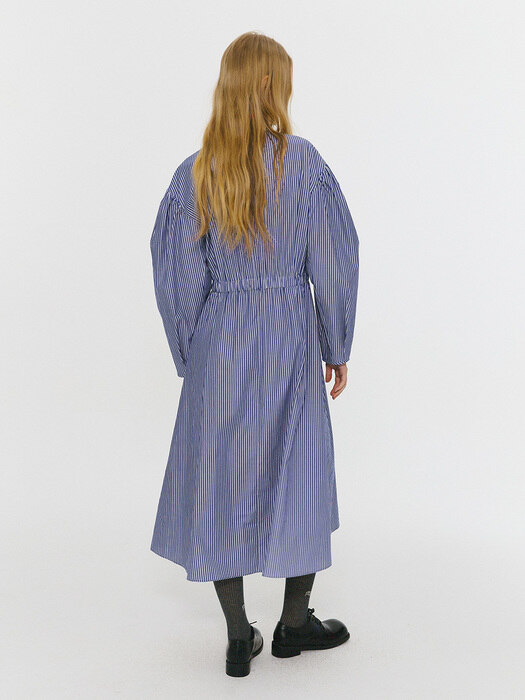 볼륨 슬리브 핏 앤 플레어 스트라이프 셔츠 드레스 네이비 (AEDR2E001N2)