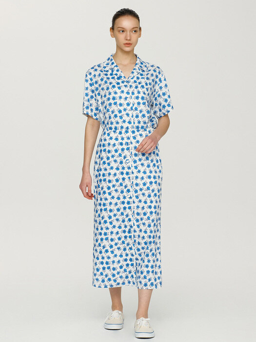 [SET]POKAI Notched collar shirt + H-line skirt (Blue flower)