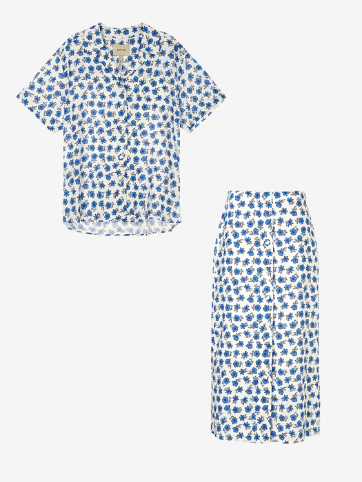 [SET]POKAI Notched collar shirt + H-line skirt (Blue flower)