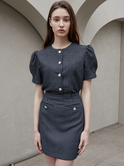 j953 (SET) tweed button blouse +  tweed button skirt (navy)