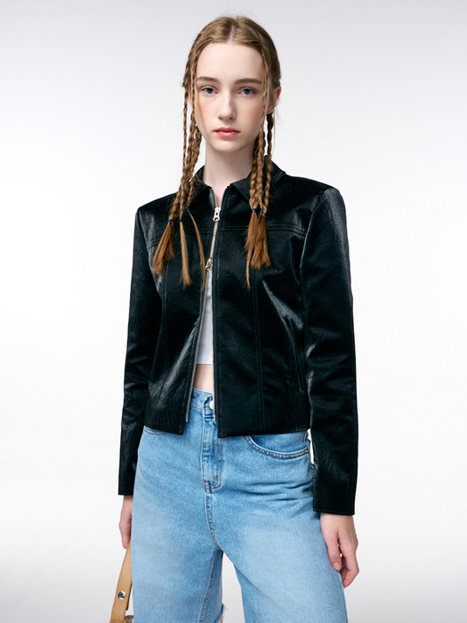 Shimmer Leather Jacket, Black