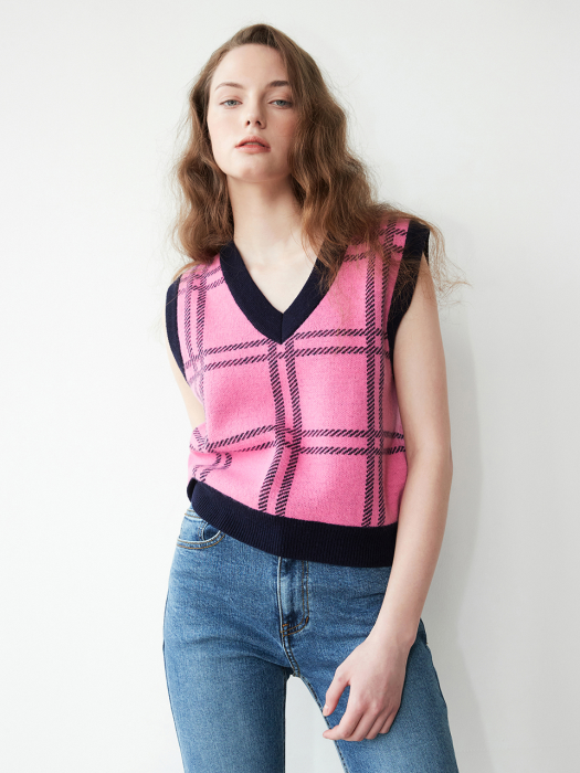 V-neck check knit vest 001 Pink