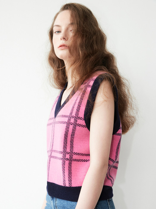 V-neck check knit vest 001 Pink