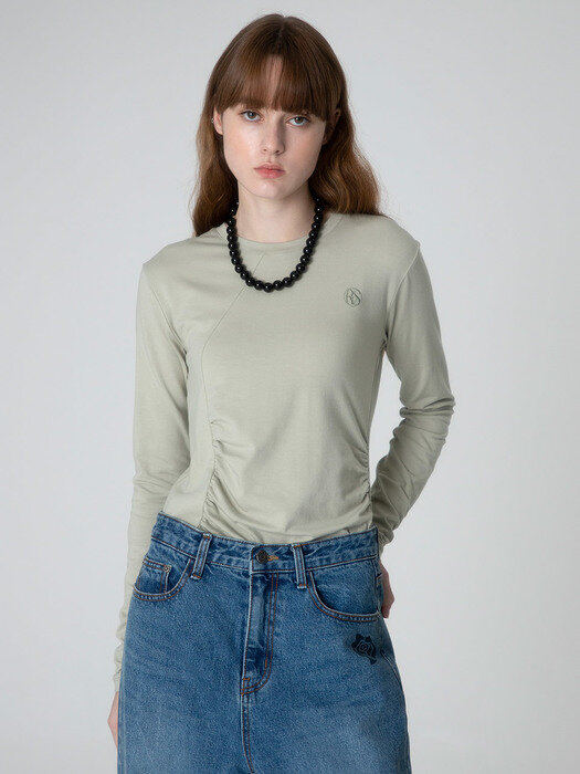 Shirring Long Sleeve T-Shirt in Khaki VW2AE326-42